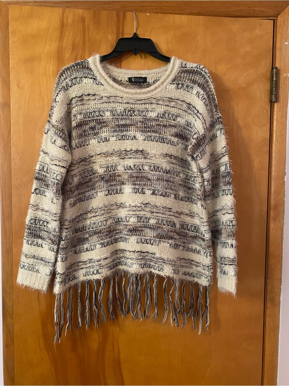 Riveria Cream & Brown Fringe Knit Crewneck Sweater